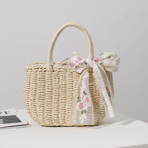 Elegant Straw Bag with Flower Bow Detail Skanto