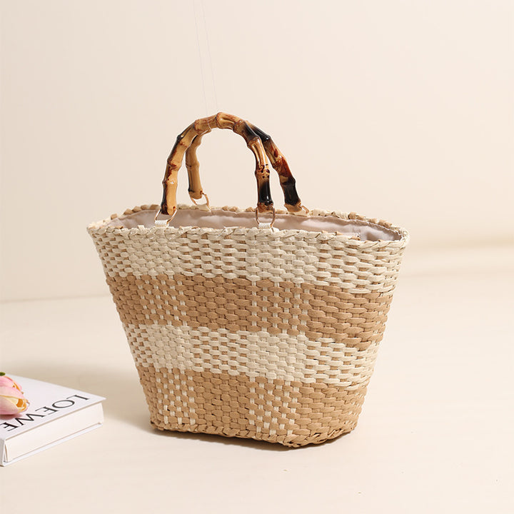 Braided straw bag with bamboo handle and decorative lining Skanto
