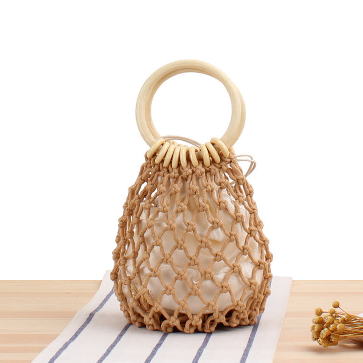 Tote bag with hand-knotted net design and wooden handle Skanto