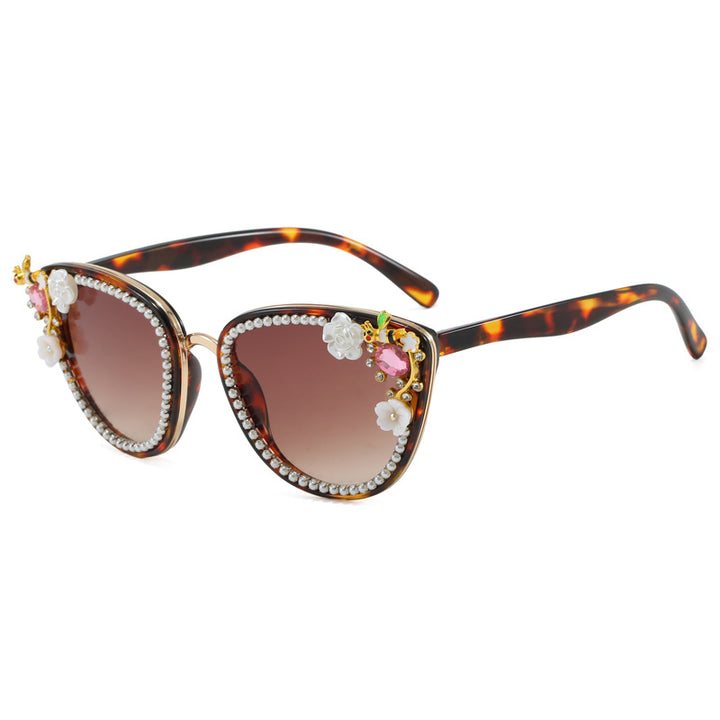 Dame Glamourøse Cat-Eye Solbriller med florale dekorasjoner Skanto