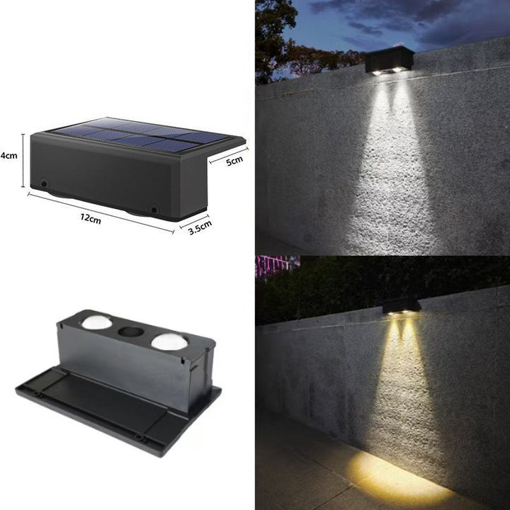 Utendørs solenergi RGB dual-stråle vegglampe med integrert solcellepanel og værbestandig monteringsbase Skanto