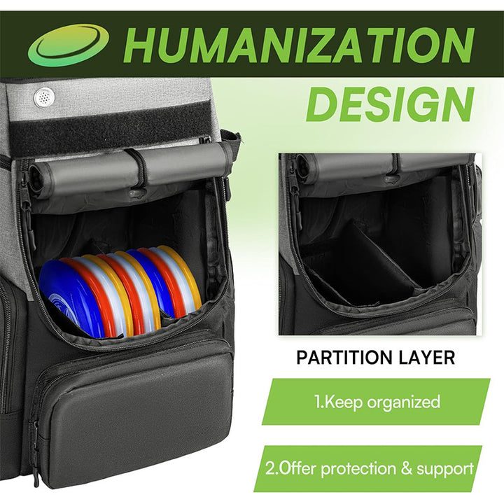 Unisex durable Discgolf Backpack with padded disc compartment, side bottle pocket, and multifunctional accessory pockets Skanto