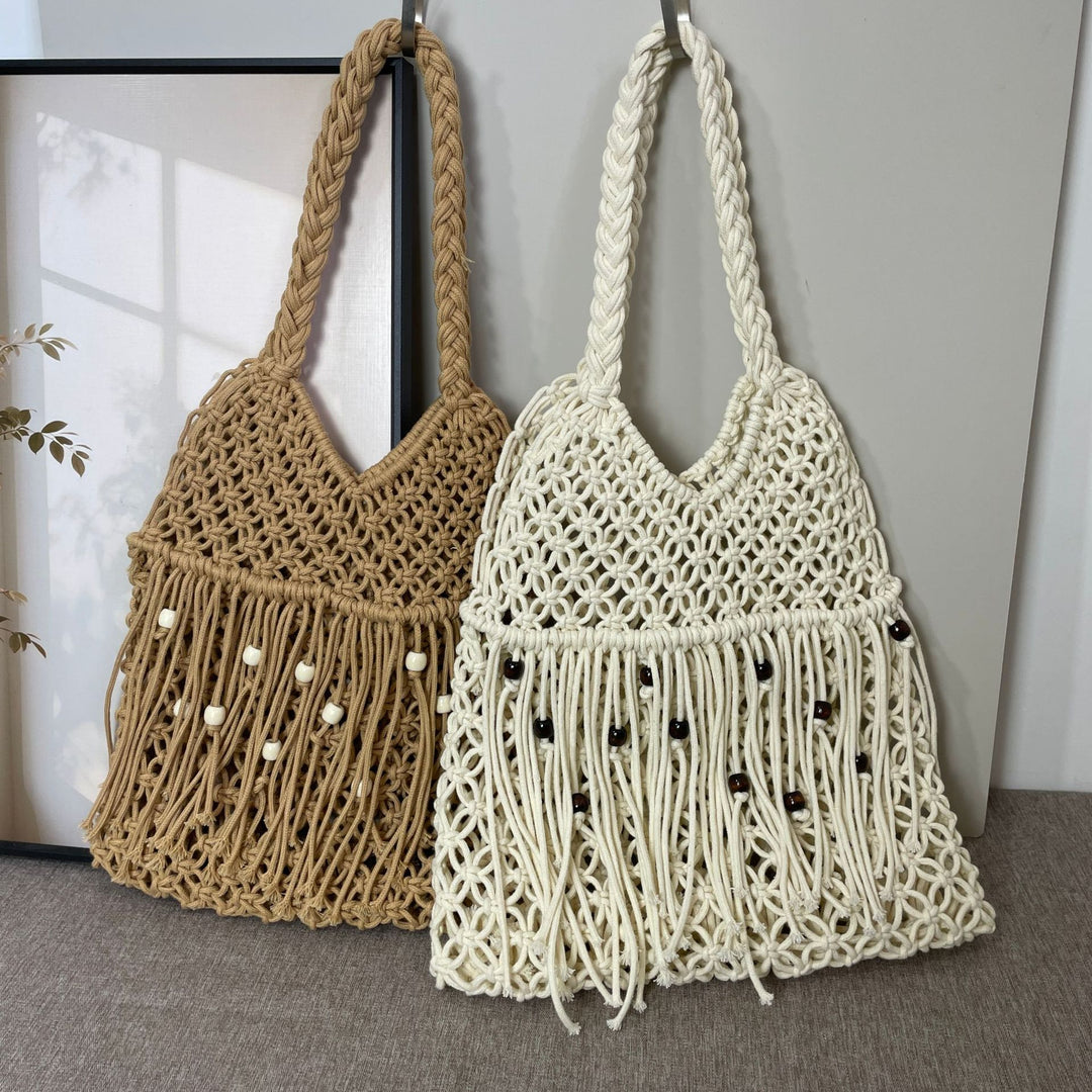 Makramee veske med lange frynser og treperler Skanto