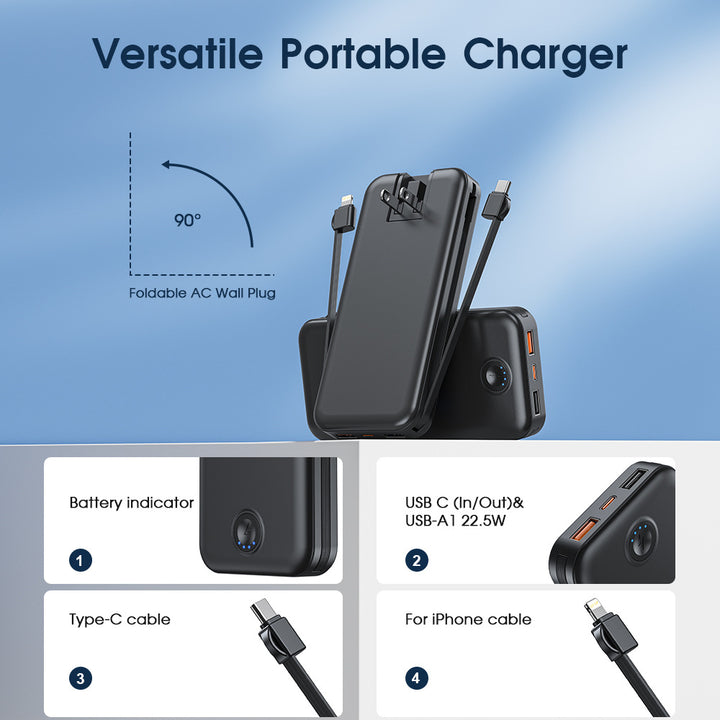 Powerbank med integrert veggkontakt og hurtigladende type-C-funksjon Skanto