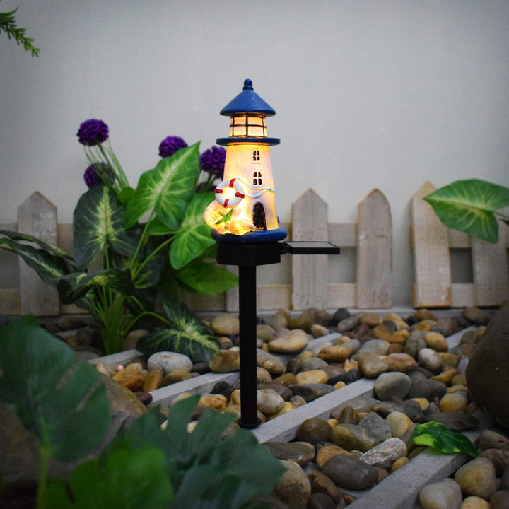 Resin Fyrtårn LED Hage Stake Lampe Med Innebygd Solcellepanel Og Livbøye Ornament Skanto