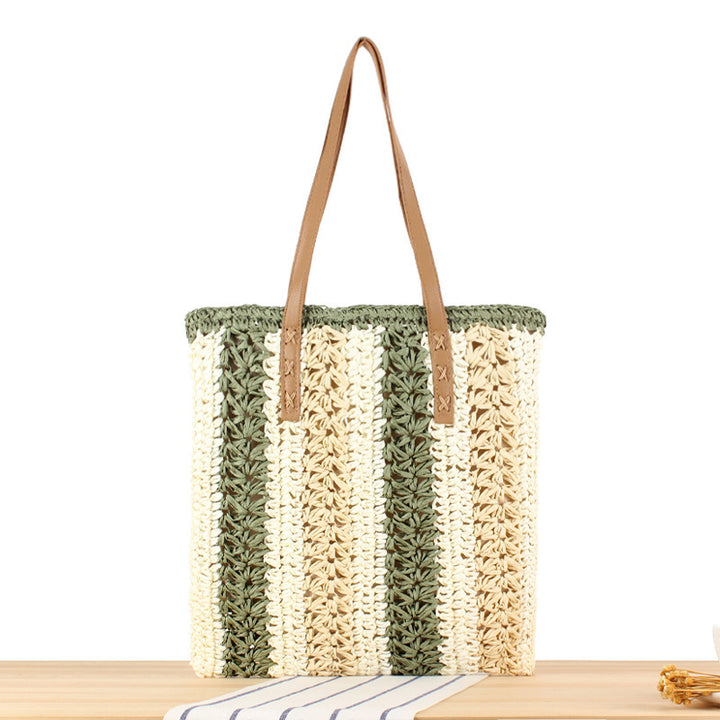 Woven Natural Material Beach Bag with Sturdy Leather Handles Skanto