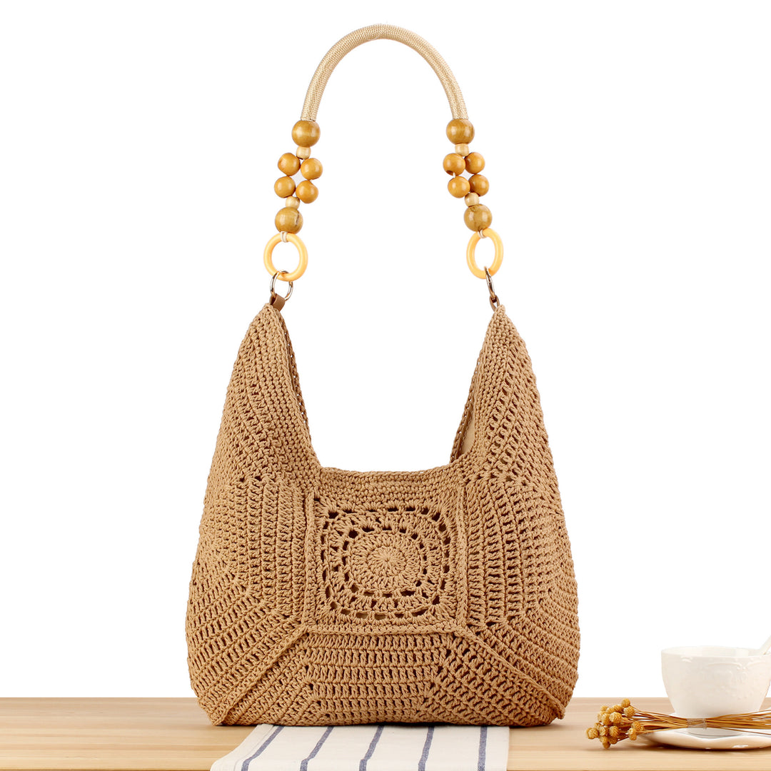 Handbag made of hand-knotted natural material with stylish wooden handles Skanto