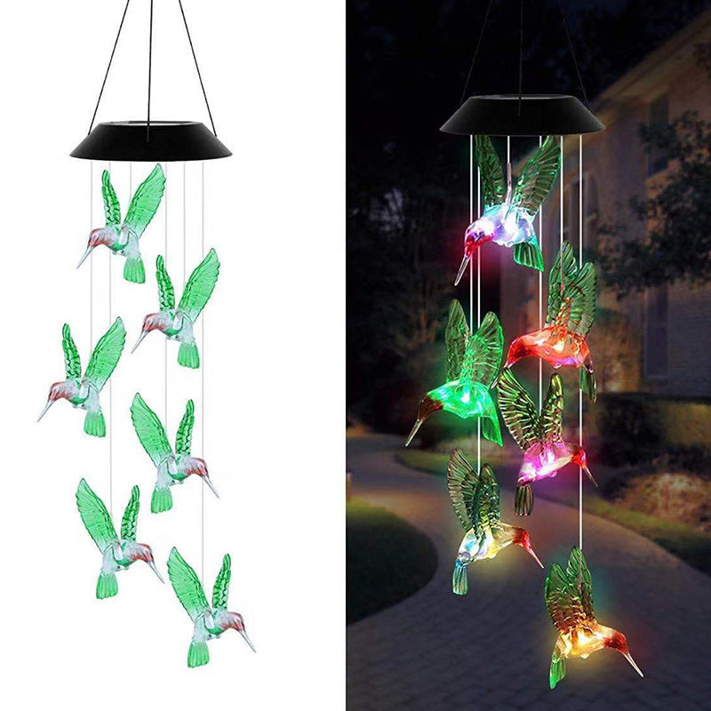 Solcelle-drevet hengende kolibri LED vindklokke med fargeforandrende RGB akrylfugler og værbestandig topp Skanto