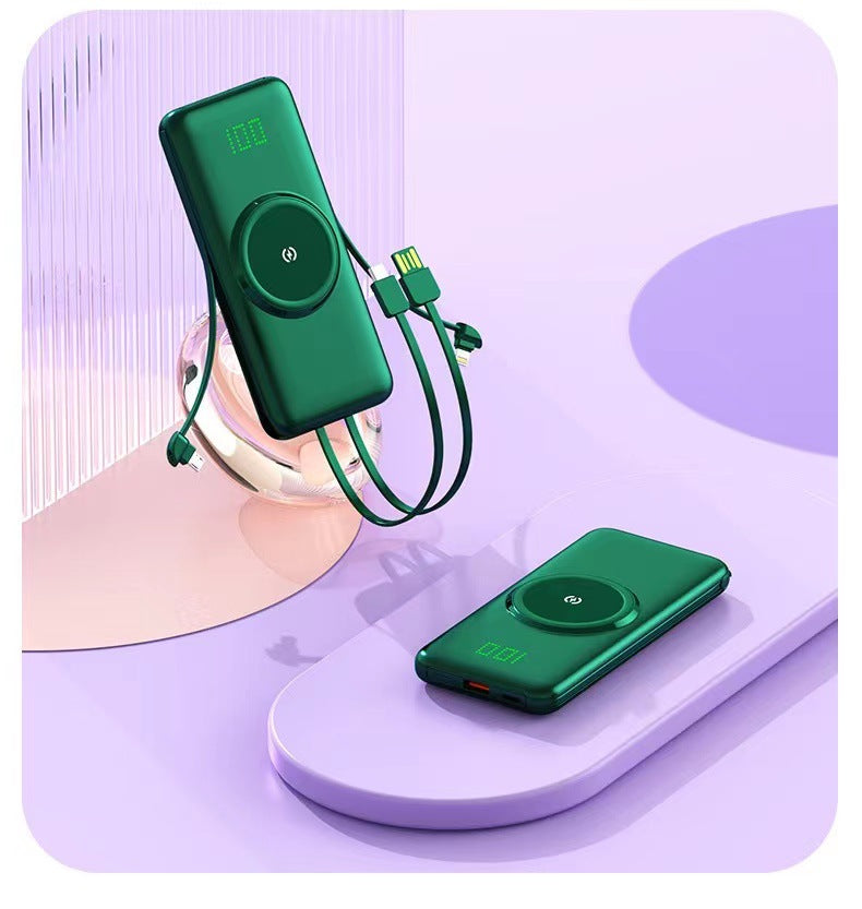 Bærbar Powerbank med trådløs ladefunksjon og integrert ladekabel Skanto