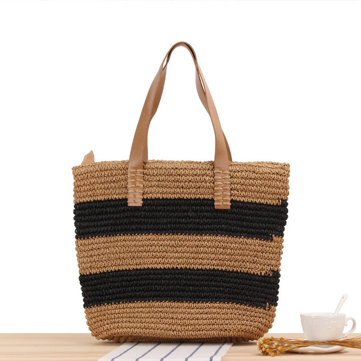 Wide straw bag with elegant leather handles Skanto