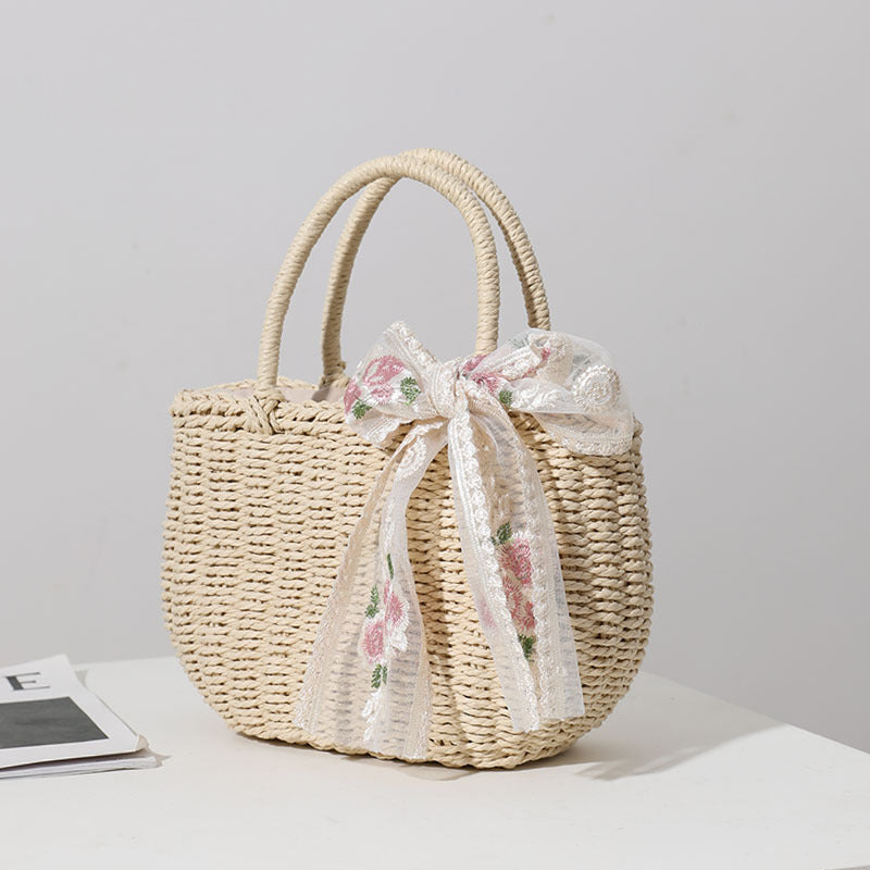 Elegant Straw Bag with Flower Bow Detail Skanto