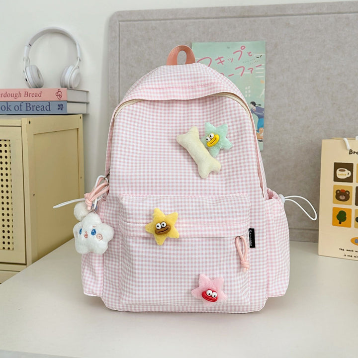 Gingham Print Karakter-utsmykket Skole Ryggsekk