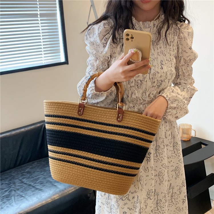 Stort strandveske med bambushåndtak Skanto