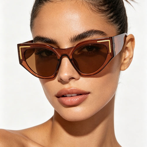 Dame kreativ Cat-Eye solbriller med transparent ramme og brune glass Skanto