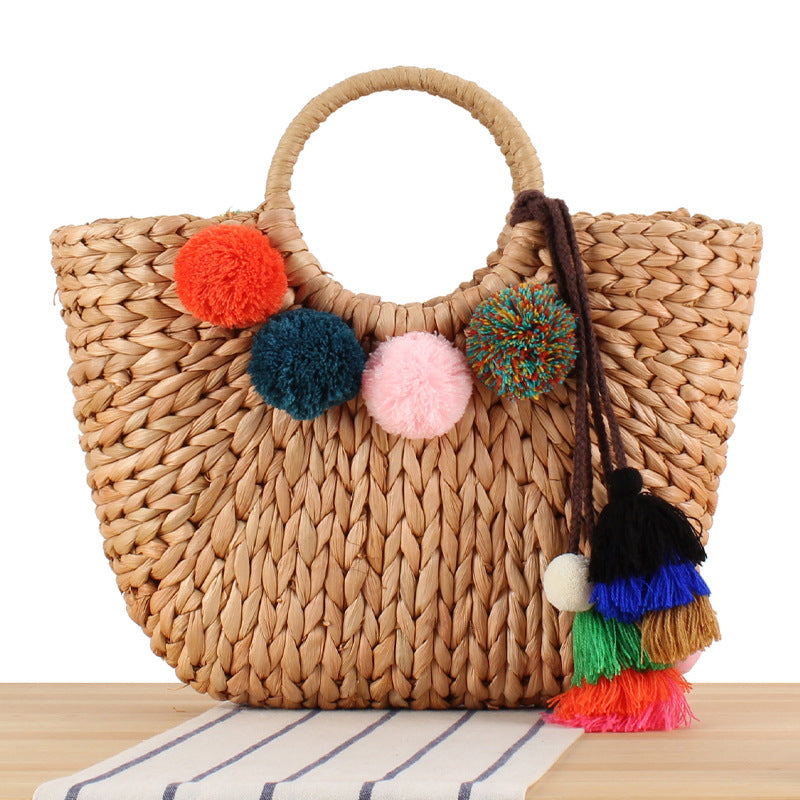 Beach Bag with Colorful Pom-Poms Skanto