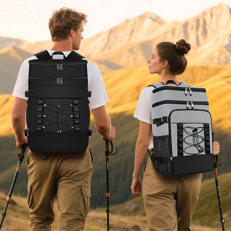 Unisex insulated cooler backpack for picnics and camping with side pockets for bottles, outer pocket for smartphone, and elastic strap Skanto