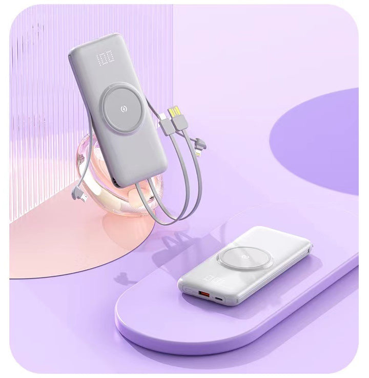 Bærbar Powerbank med trådløs ladefunksjon og integrert ladekabel Skanto