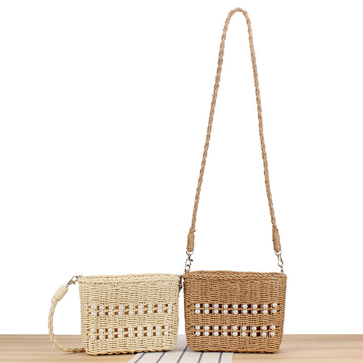Handbag made of hand-woven natural material with bead decoration Skanto