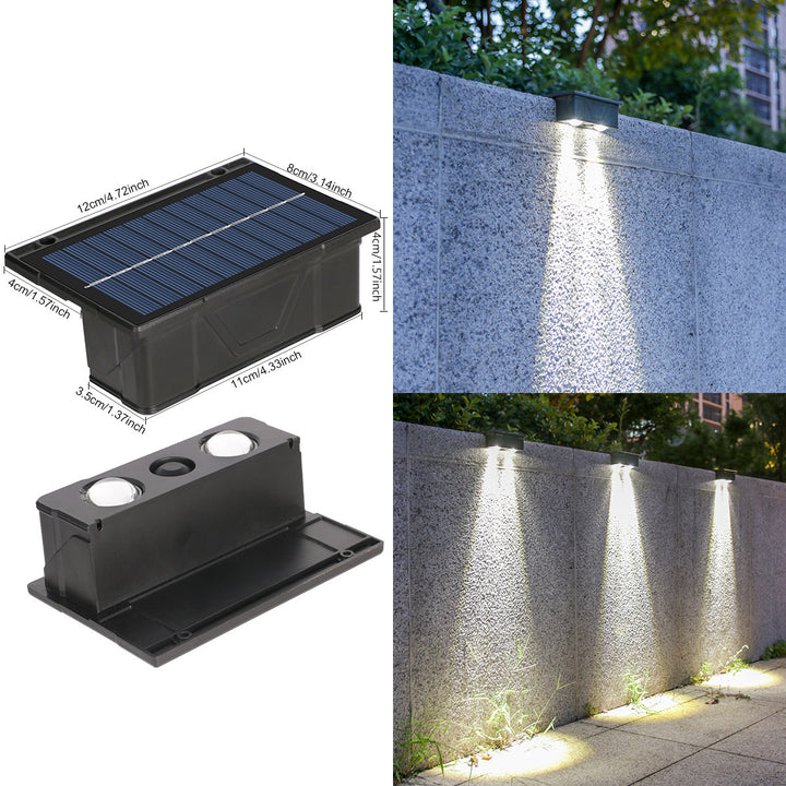 Utendørs solenergi RGB dual-stråle vegglampe med integrert solcellepanel og værbestandig monteringsbase Skanto