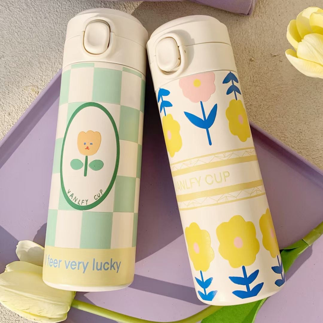 Damen Isolert Drikkeflaske med funksjonelt lokk og kreativt blomstermotiv Skanto