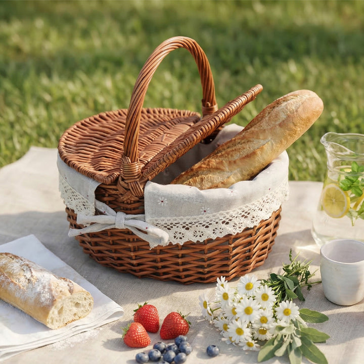 Kvinne flette piknik kurv med romantisk gingham fòring Skanto