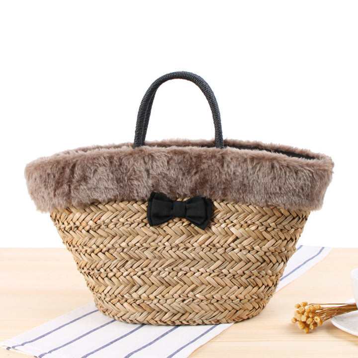 Basket Bag with Fur Trim and Decorative Bow Detail Skanto