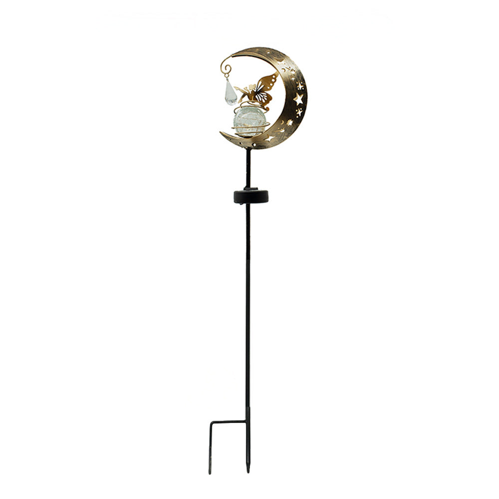 Crescent Moon Solar Hage Stake Lys Med Roterende Sprukket Glass Orb Og Sommerfugl Accent Skanto