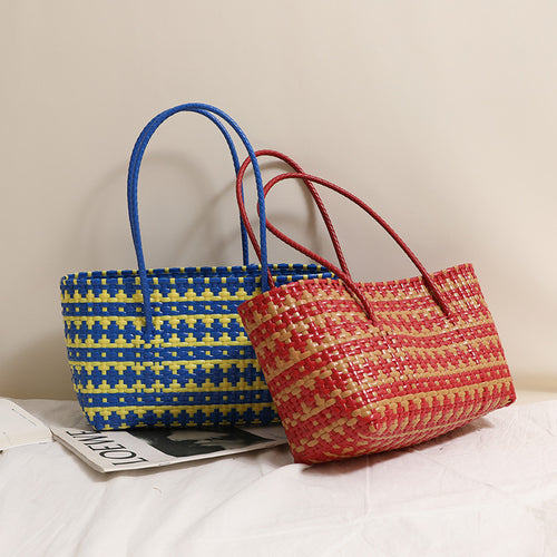 Braided Raffia Basket with Colorful Contrast Stripe Skanto