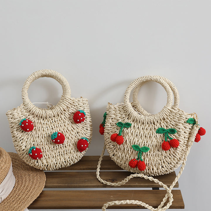 Straw Bag with Happy Strawberry Motif Skanto