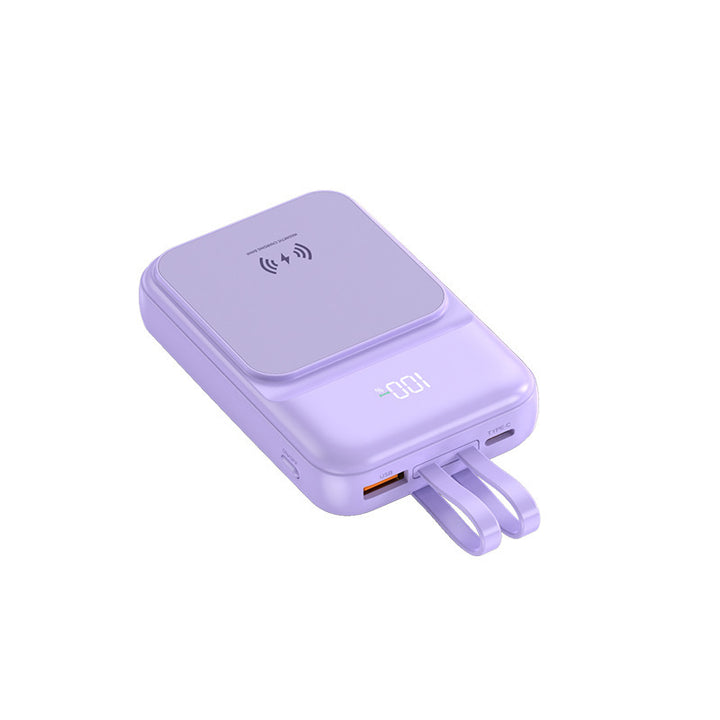 Bærbar powerbank med trådløs ladefunksjon og integrert ladekabel Skanto