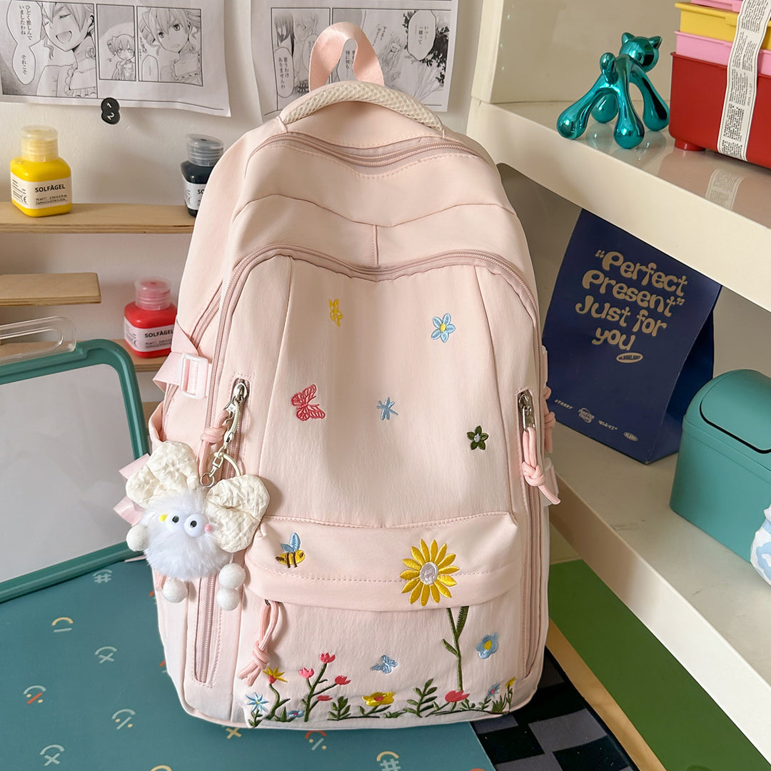 Brodert blomsterdetalj skole ryggsekk