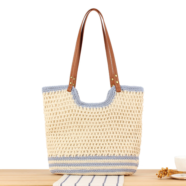 Stilig Makramee Tote bag med robuste lærhåndtak Skanto