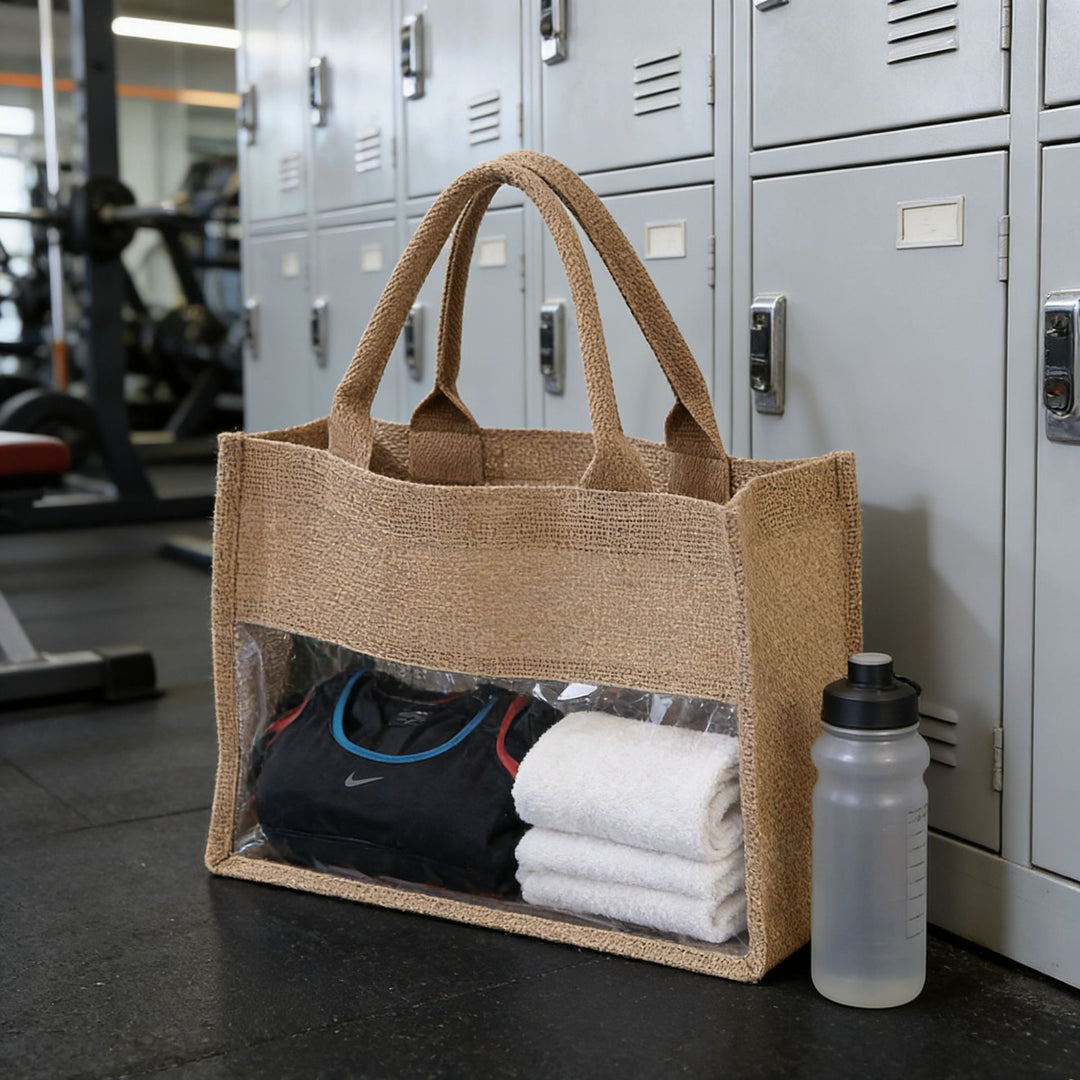 Handlebag i naturlig jute med nett-design Skanto
