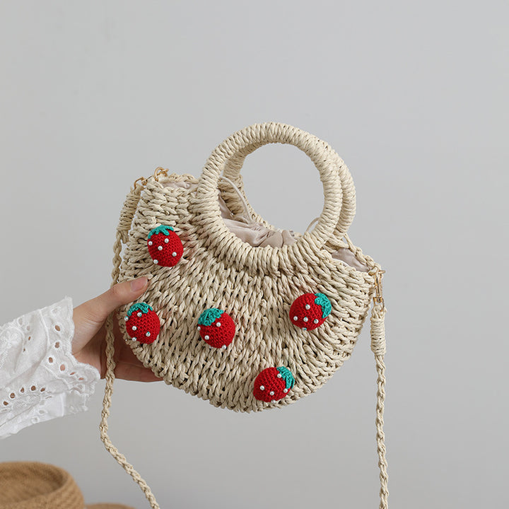 Straw Bag with Happy Strawberry Motif Skanto