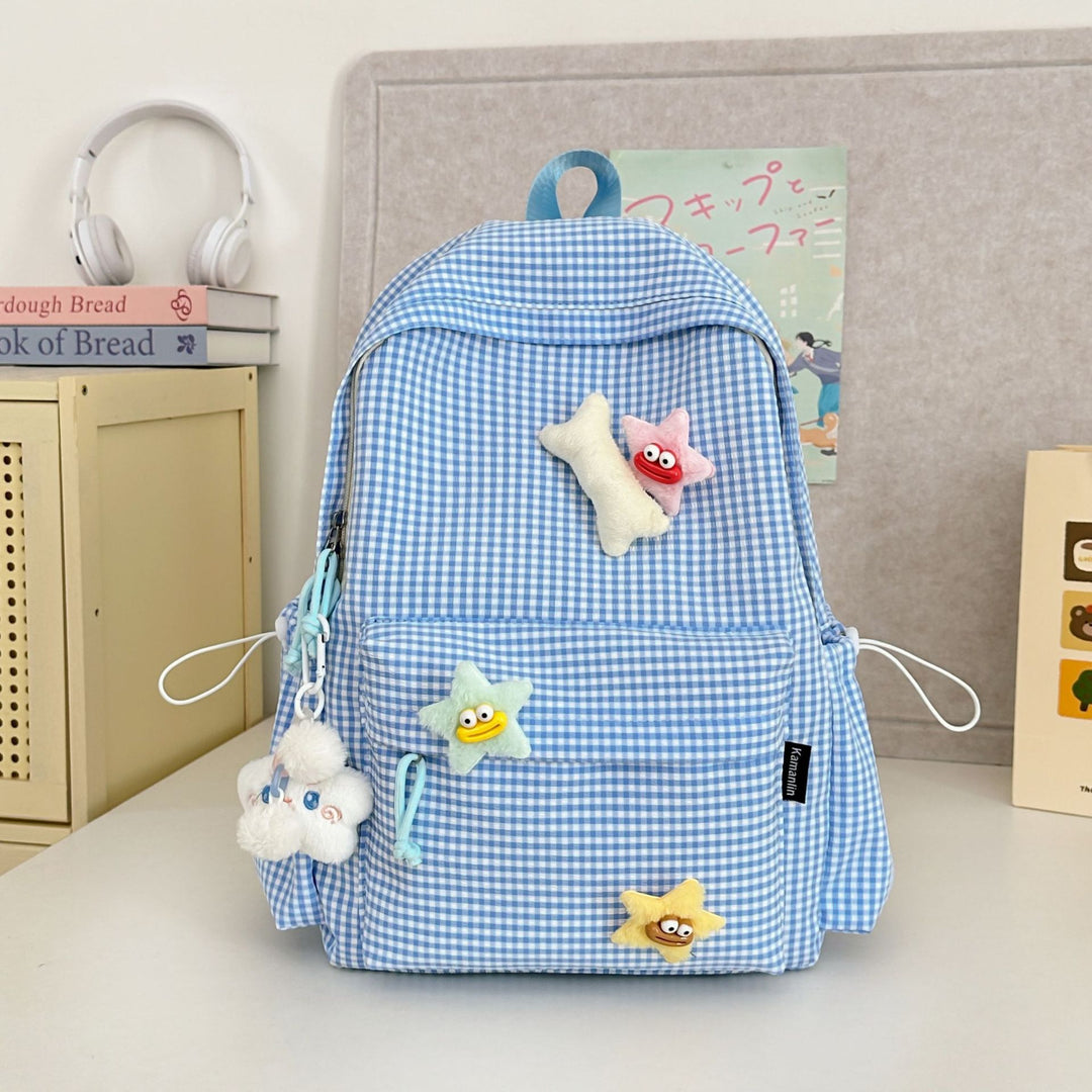 Gingham Print Karakter-utsmykket Skole Ryggsekk