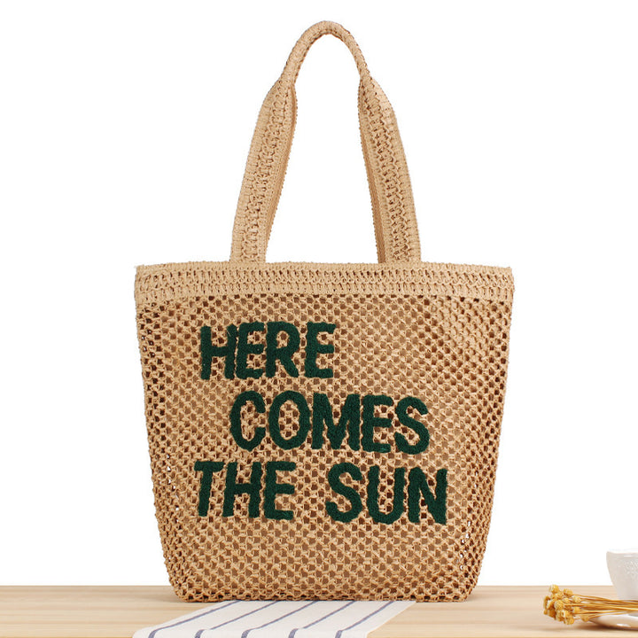 Hand-knotted basket bag with colorful inscription Skanto