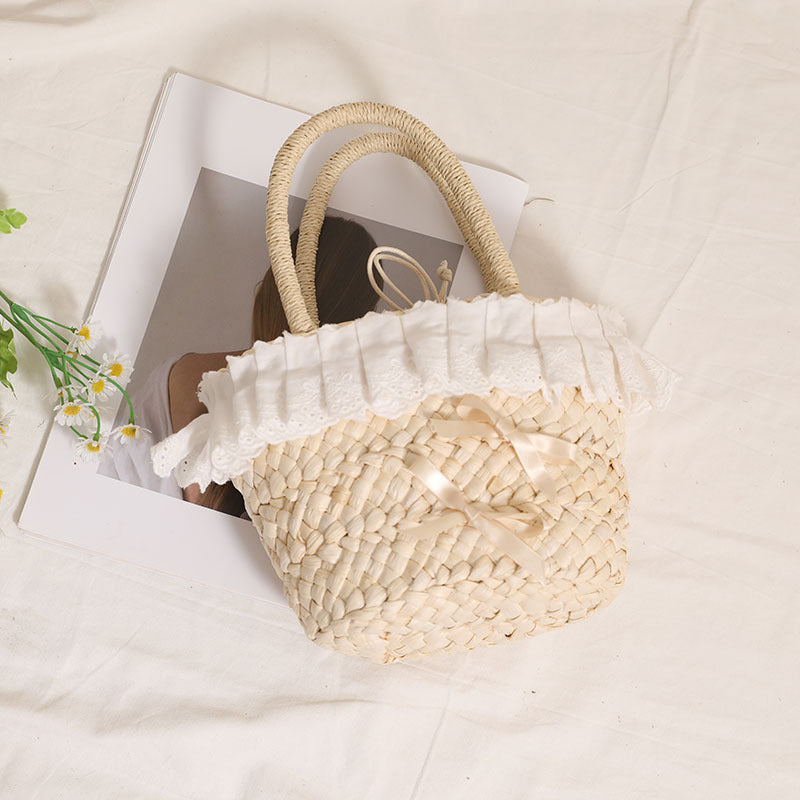 Handmade basket bag with delicate ruffles and ribbon Skanto