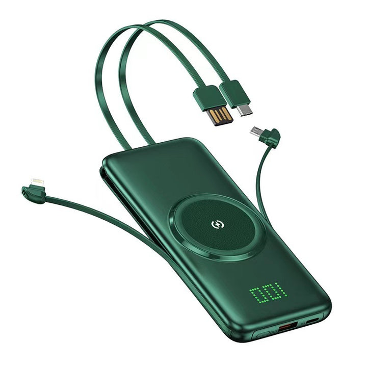 Bærbar Powerbank med trådløs ladefunksjon og integrert ladekabel Skanto