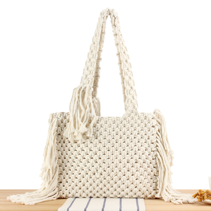 Hand-Knotted Macrame Handbag with Elegant Fringe Skanto