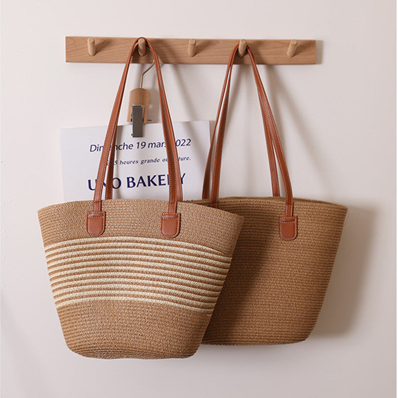 Elegant Raffia Tote Bag with Leather Handles Skanto