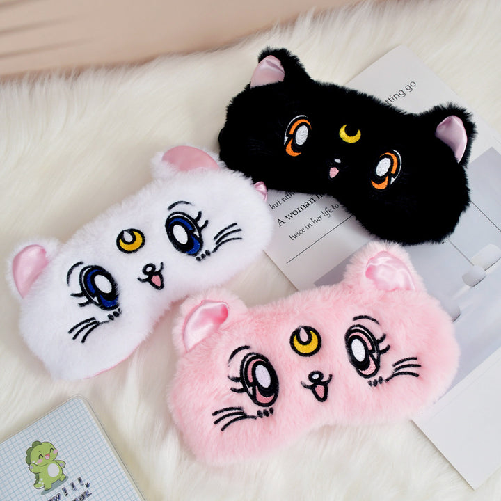 Damen nan fluffy sovemask med broderte kattemotiv og myke komfortører Skanto