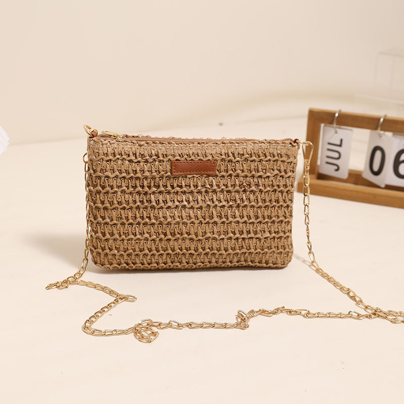 Handmade crossover bag of durable bast material with gold chain Skanto