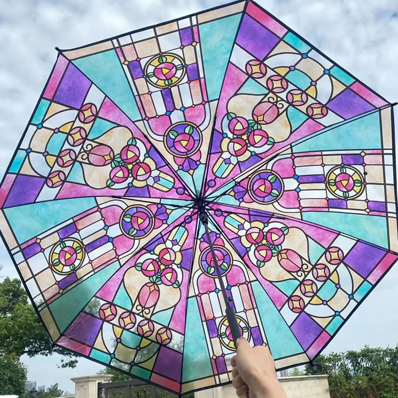 Damer Sammenleggbart paraply med kunstnerisk glassvindu-motiv Skanto