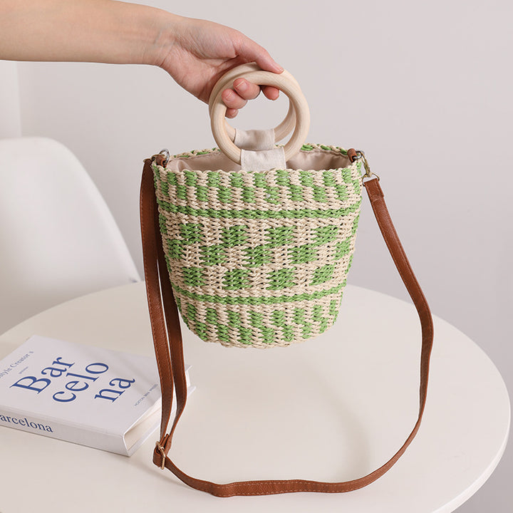 Handmade basket bag with wooden handle and adjustable shoulder strap Skanto