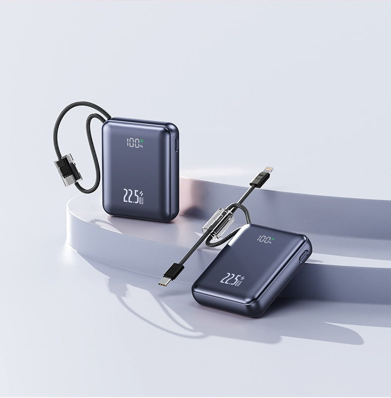 Kompakt powerbank med digital effektindikator og innebygd ladekabel Skanto