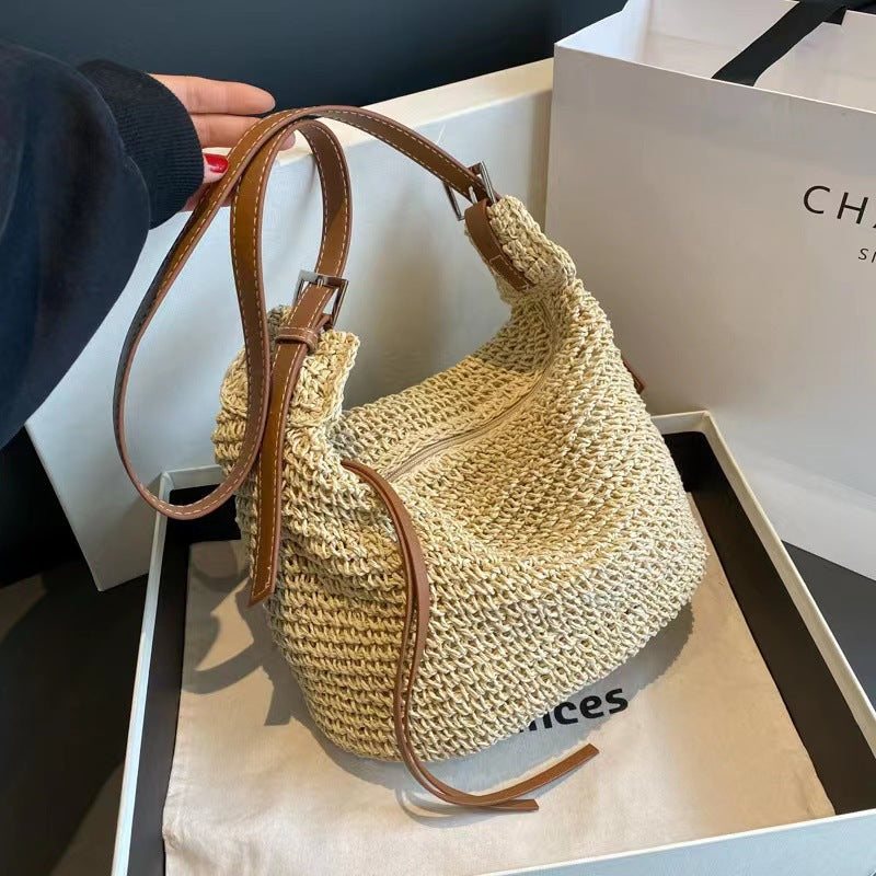 Cultured Raffia Crossover Bag with Leather Details Skanto
