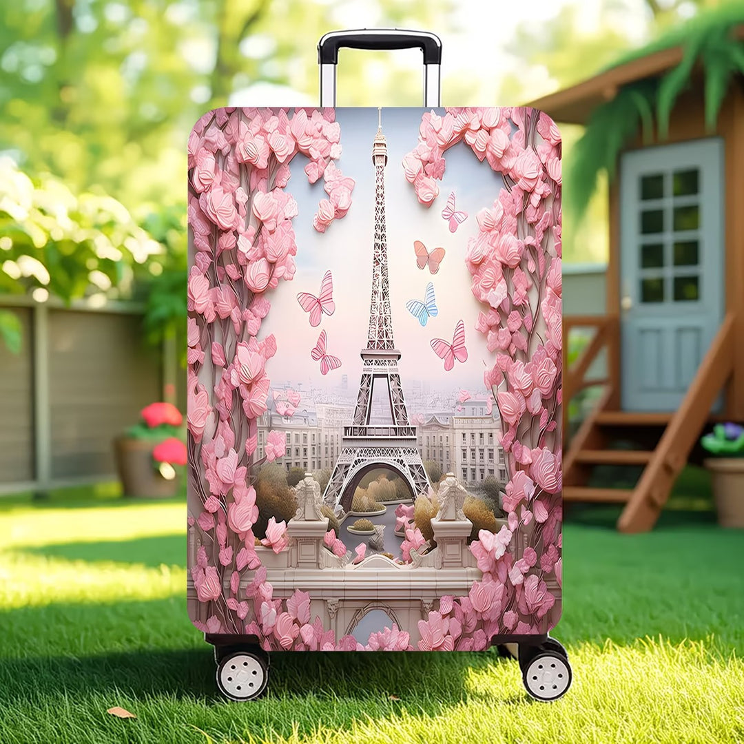 Unisex nan elastisk koffertrekk med tredimensjonalt blomst- og sommerfuglmotiv for trolley med glidelås og sklisikker innvendig festing Skanto