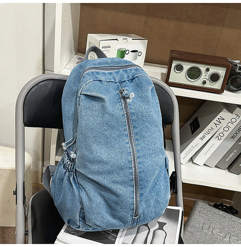 Denim-strukturert avslappet skole ryggsekk
