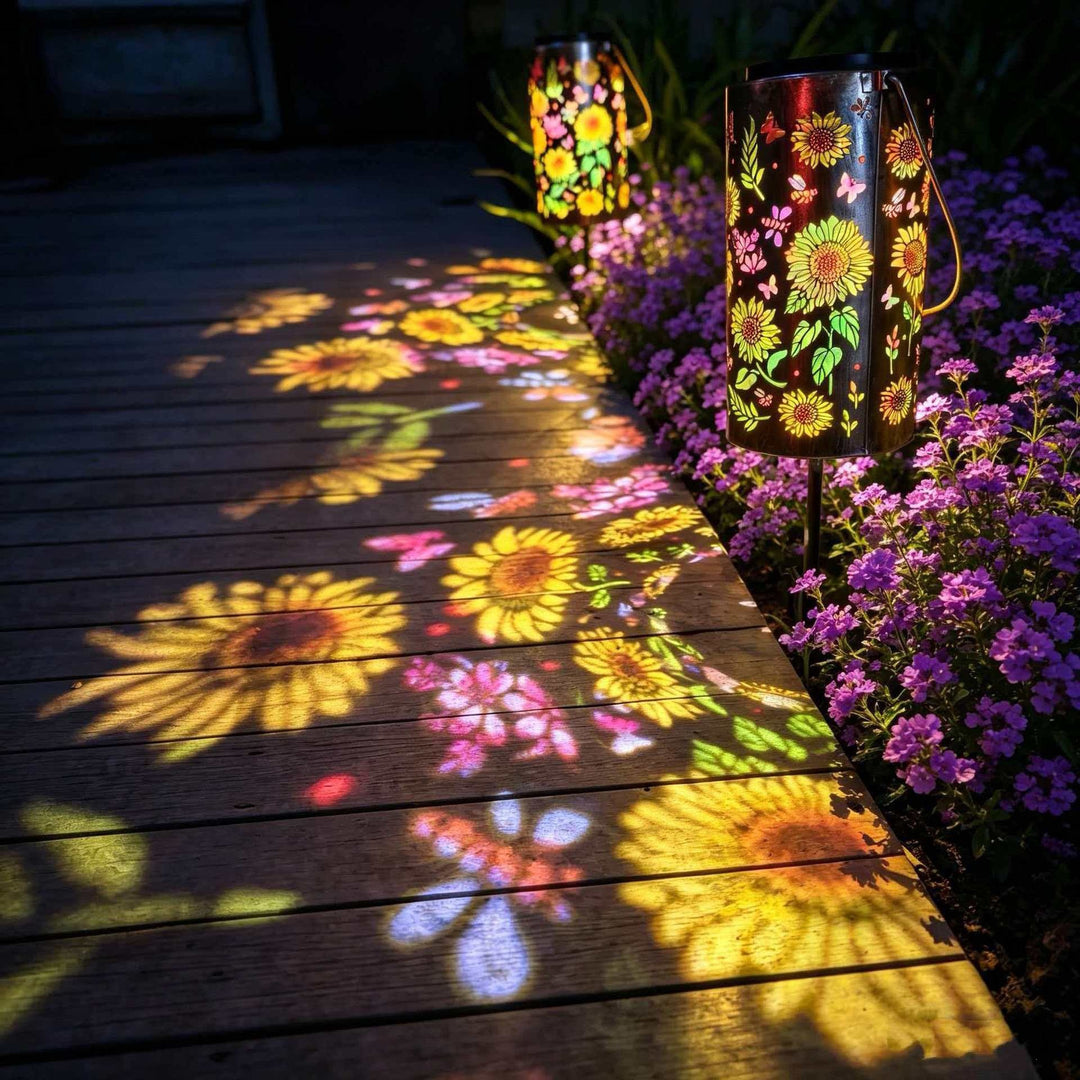 Solarlampe med solros blomster metall sylinder og hengende håndtak Skanto