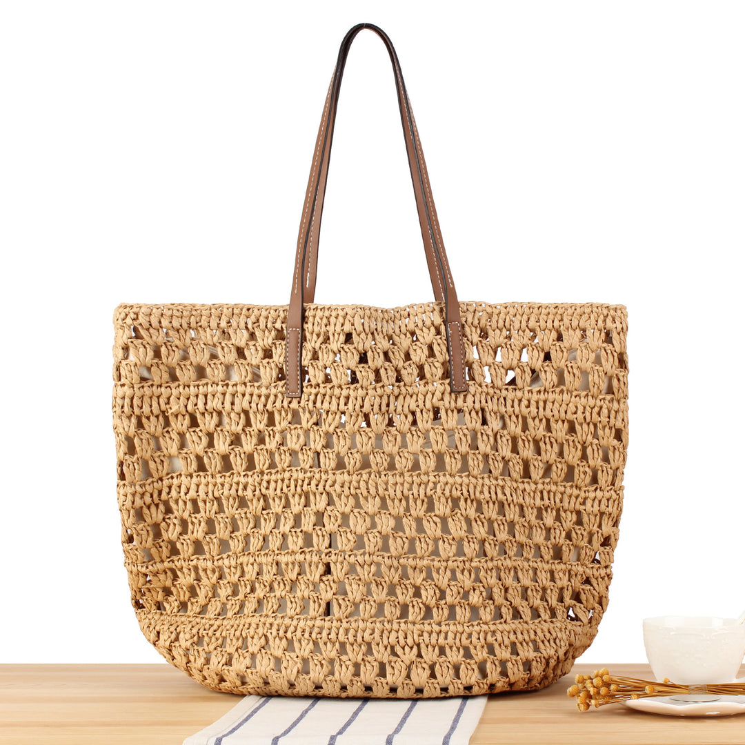 Hand-knotted natural material tote bag with sturdy leather handles Skanto